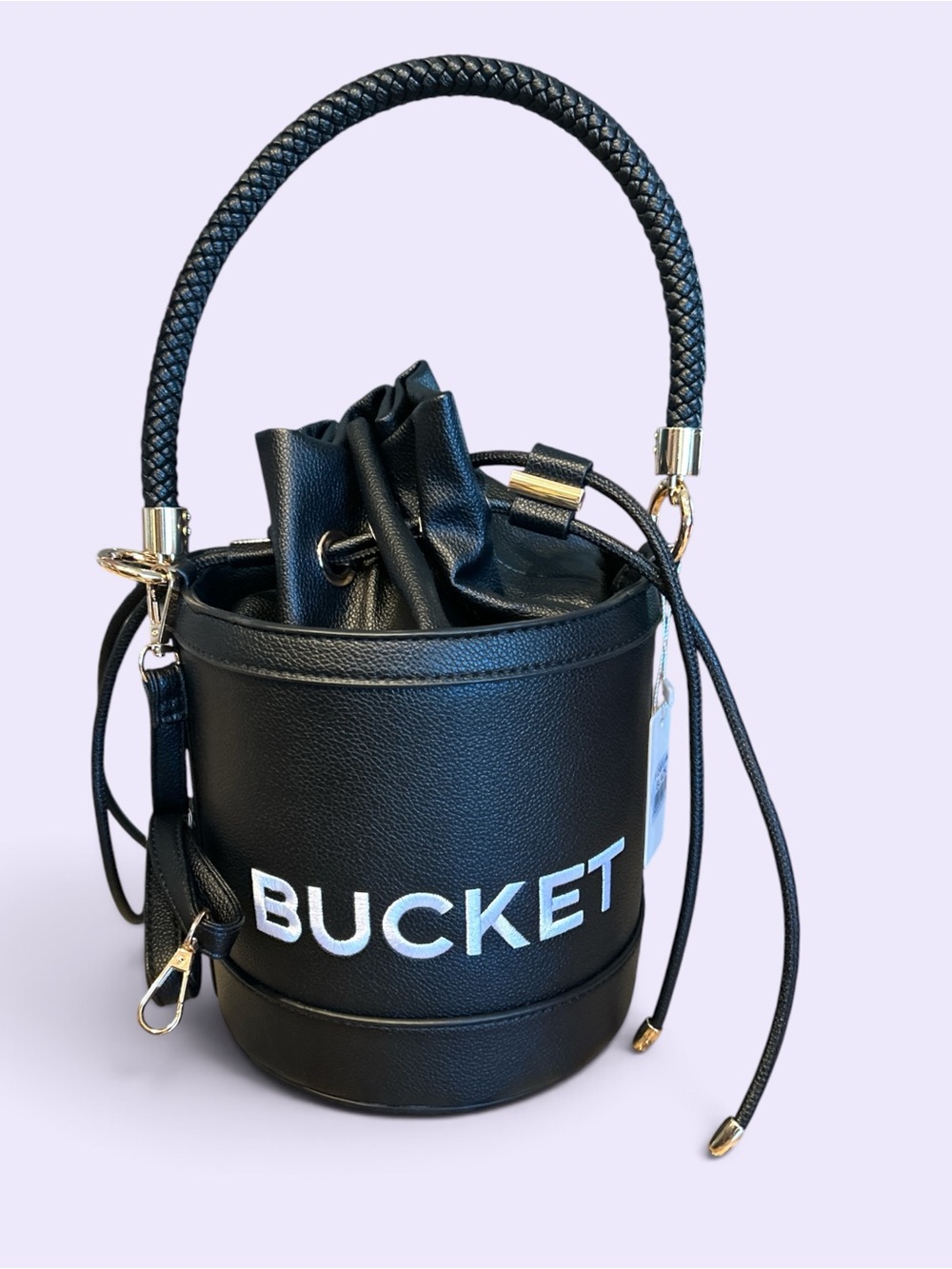 BUCKET Mini Black Leatherette Drawstring Bucket Bag